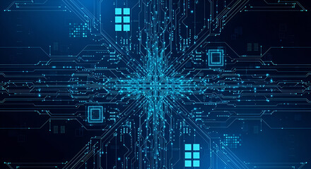 Futuristic blue circuit board with glowing connections