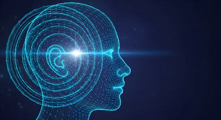 Futuristic Blue Wireframe Human Head with Spiral Brain and Light Beam