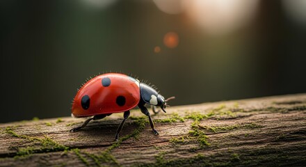 Ladybug Crawling on a Wooden Branch in the Forest