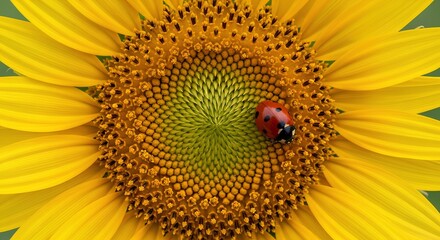 Ladybug on the Center of a Bright Yellow Sunflower