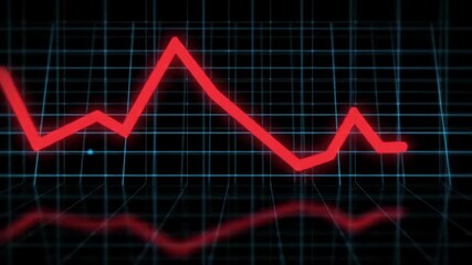 Dynamic red line graph trending downwards on a futuristic holographic interface with glowing blue grid against a black background, depicting economic downturn. concept of financial crisis - Powered by Adobe