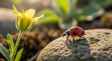 Ladybug Crawling Across a Small Garden Rock