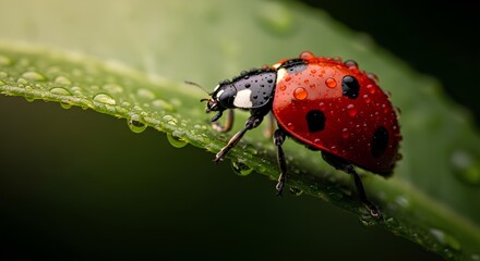 Ladybug Hiding Under a Leaf After the Rain