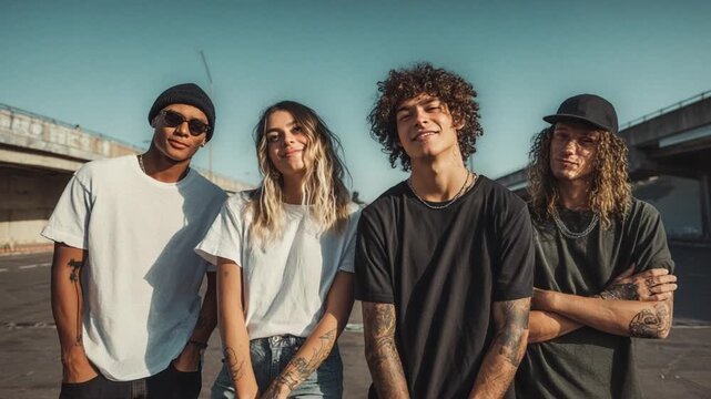 Youthful Expressions: A dynamic quartet of individuals exudes youthful confidence, with an urban backdrop. Their stylish attire and confident poses capture the essence of a generation.