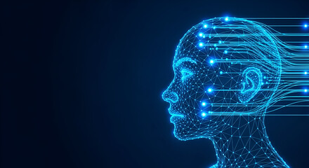 Obraz premium Blue Digital Human Head Profile with Data Streams artificial intelligence