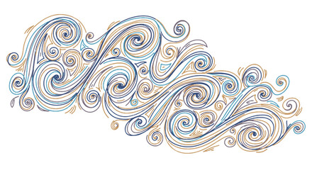 Elegant abstract design with swirling blue and gold lines in a hand-drawn ornamental style