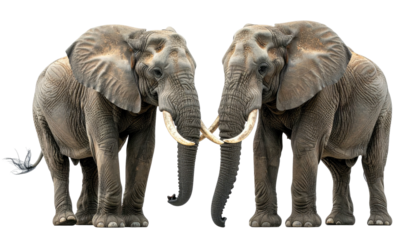 Two elephants with intertwined tusks pose against a black backdrop