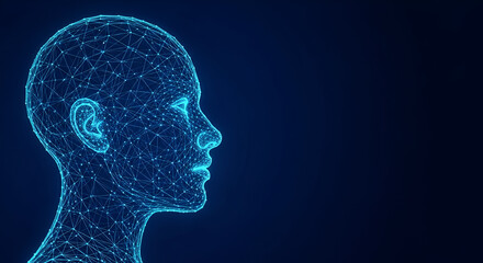 Obraz premium Blue Wireframe Human Head Profile on Dark Background