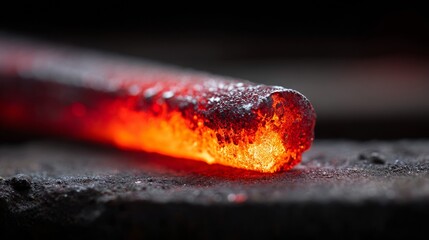 Close-up of a Glowing Hot Metal Rod on a Dark Industrial Surface in a Workshop