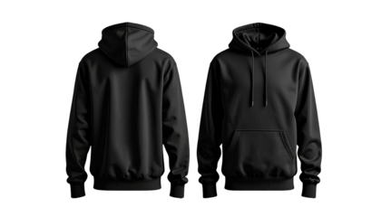 Black hooded sweatshirt, front and back view, on dark backdrop