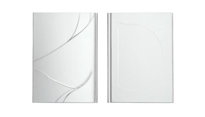 Two closed, white, hardcover books sit side-by-side