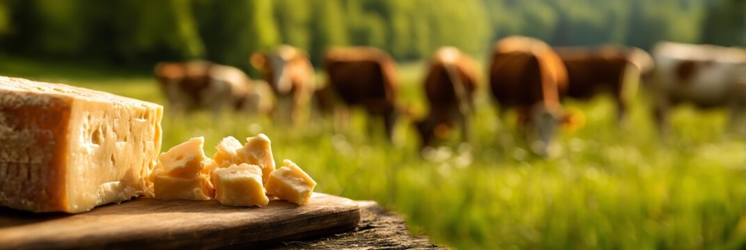 Cheese on the wooden surface is the main focus in front of a blurred herd of cows.