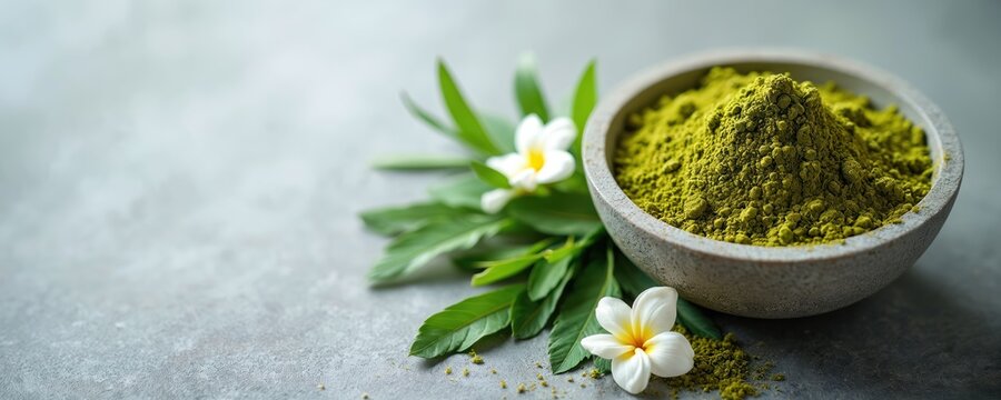 Raw green henna powder in rustic bowl on gray background. Fresh green leaves, delicate white frangipani blossoms placed nearby. Eco-friendly organic botanical product provides natural hair dye, skin