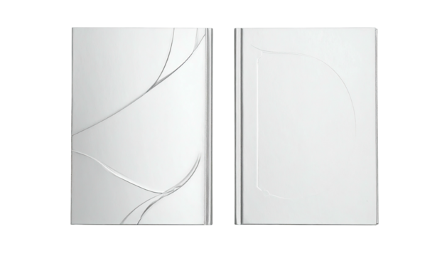 Two closed, white, hardcover books sit side-by-side