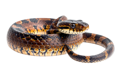 Curled snake, scales of brown, black, and yellow