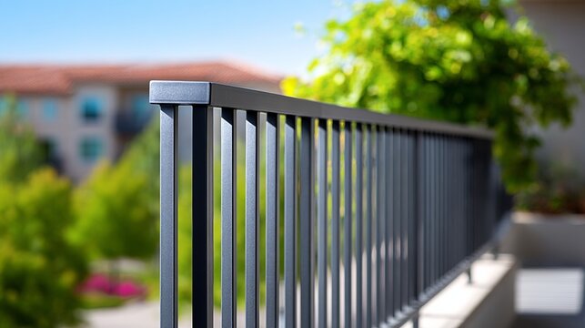 Close-up view of a modern metal railing with a blurred background of greenery and a building