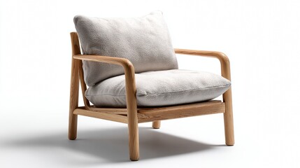 Modern wooden armchair with plush cushions on a white background