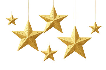 Gold stars hanging as festive christmas and holiday decorations on a transparent background