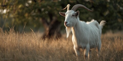 Obraz premium A goat is standing in a field of tall grass.