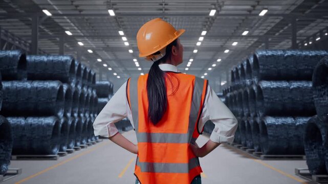Back View Of A Female Engineer Wearing Safety Helmet Looking Around While Standing With Arms Akimbo with Stacks of Huge Metal Wire Coils in Warehouse