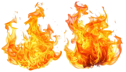 Two vibrant, stylized, orange and yellow flames float aloft