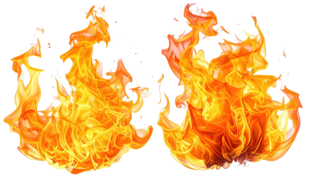 Two vibrant, stylized, orange and yellow flames float aloft