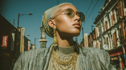 Stylish person with sunglasses and layered jewelry stands confidently urban setting, exuding sense of empowerment and fashion forward attitude. background features city buildings clear blue sky
