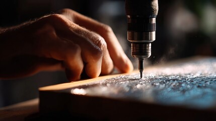 Close-up of hands using a drill to engrave intricate patterns into a wooden surface