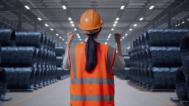 Back View Of A Female Engineer With Safety Helmet Raising Her Hands Celebrating While Working with Stacks of Huge Metal Wire Coils in Warehouse
