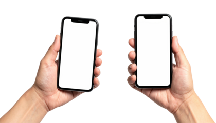 Two hands holding phones with blank white screens, black background
