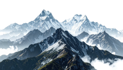 Snow-capped mountain peaks rise through a misty, layered landscape