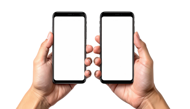 Hands holding two black phones, blank white screen
