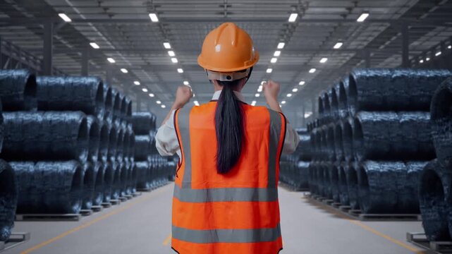 Back View Of A Female Engineer With Safety Helmet Raising Her Hands Celebrating While Working with Stacks of Huge Metal Wire Coils in Warehouse