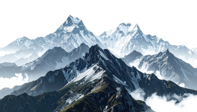 Snow-capped mountain peaks rise through a misty, layered landscape