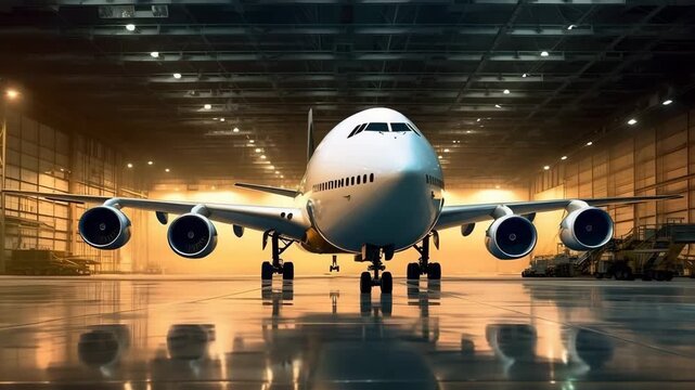 Passenger airplane inside a maintenance hangar with bright lights on