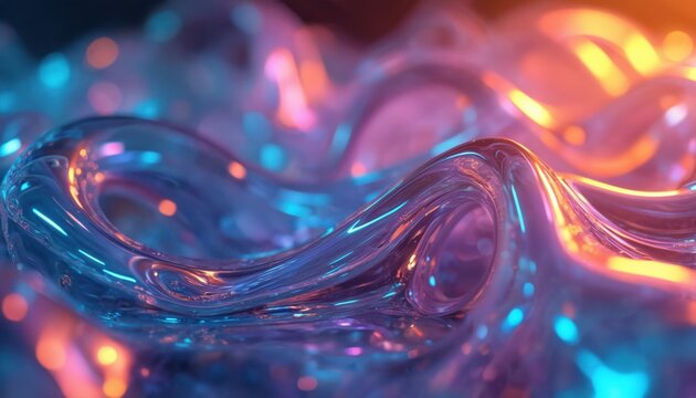 Swirling transparent blue and pink liquid curves with bright glowing neon lights and bokeh. Fluid abstract background with futuristic iridescent material and vibrant color gradients.