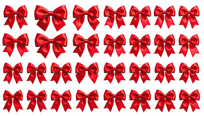 Numerous red satin bows arranged in rows on a black background
