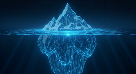 Luminous Wireframe Iceberg Floating in Dark Water ocean