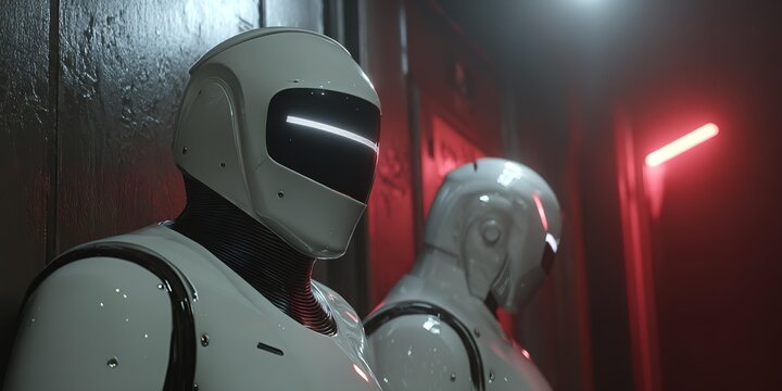 Two robots guards with glowing eyes stand at the door gate.