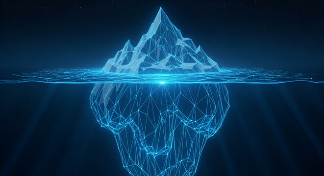 Luminous Wireframe Iceberg Floating in Dark Water ocean