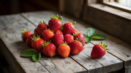 A bountiful pile of ripe red strawberries rests on a rustic wooden surface near a window showcasing natural light and organic freshness