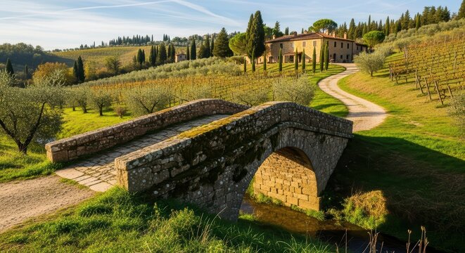 Charming stone bridge in idyllic tuscan countryside with vineyard and rustic house - Powered by Adobe