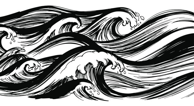 Artistic Illustration of Crashing Ocean Waves in Monochrome, Capturing the Raw Energy of the Sea