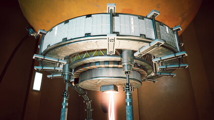 A high tech laboratory features innovative energy generation equipment, showcasing modern design elements and intricate machinery, emphasizing the future of scientific exploration and discovery.