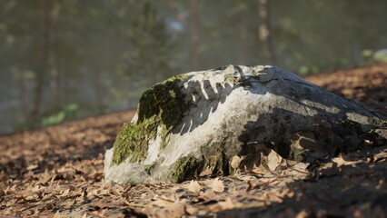 A moss covered rock rests on the forest floor, surrounded by fallen autumn leaves. Sunlight filters through trees, creating a tranquil atmosphere in a peaceful woodland setting.