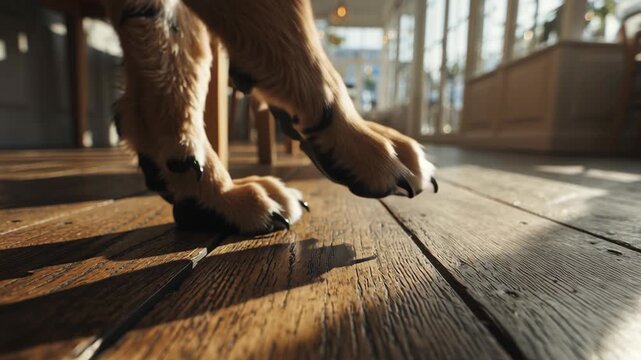 A dog's paw is on a wooden floor. The floor is made of wood. Macro view of paws on polished wooden floor in bright modern caf&eacute;, soft tones and warm daylight, pet friendly cafe design