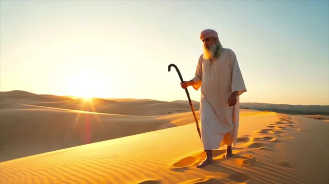 Biblical Scene of Israelites Marching Around Jericho Walls. ancient biblical figure on journey, religious history footage,
Old man with staff walking on sand dunes. Moses Observing the Burning Bush