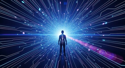 Digital human facing bright light tunnel