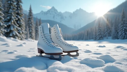 White ice skates rest on fresh snow. Evergreen trees and mountains surround them under soft winter sunlight. The scene evokes peaceful winter sport and adventure. A crisp winter day awaits.
