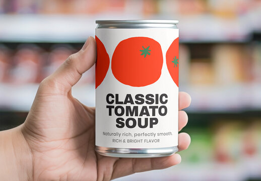 Hand Holding Tomato Soup Can Mockup Psd With Generative Ai